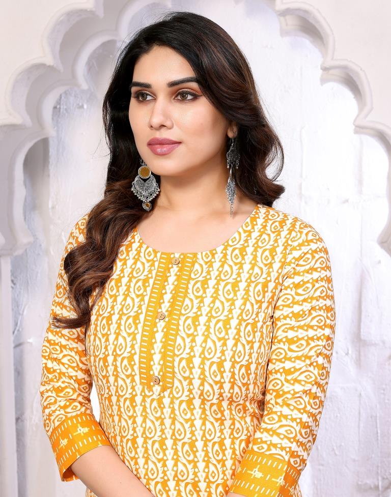 Mustard Printed Kurta With Pant And Dupatta