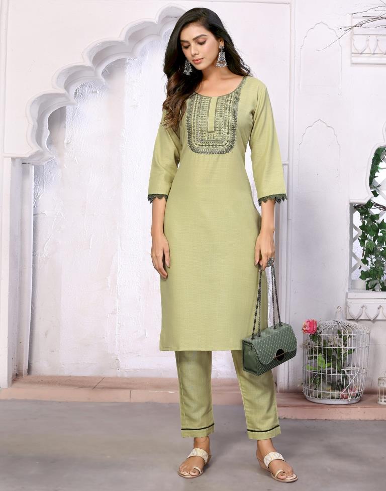 Pista Green Embroidered Kurta With Pant