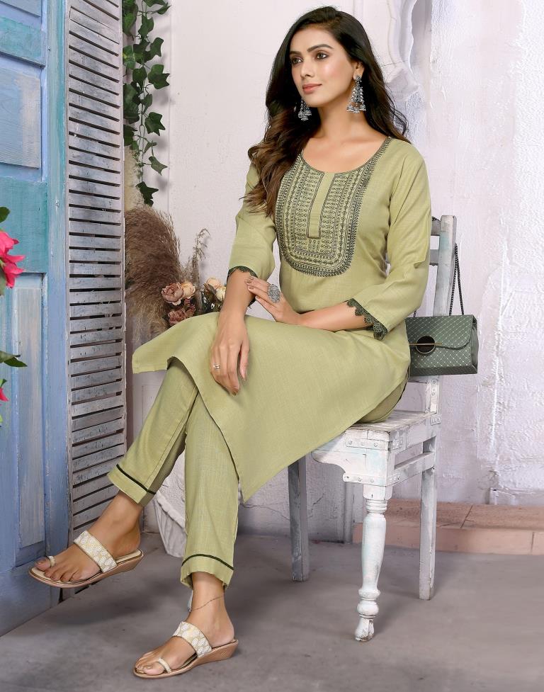 Pista Green Embroidered Kurta With Pant