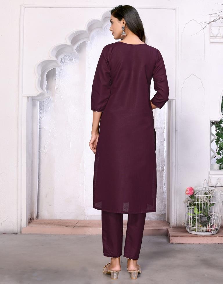 Wine Embroidered Kurta With Pant