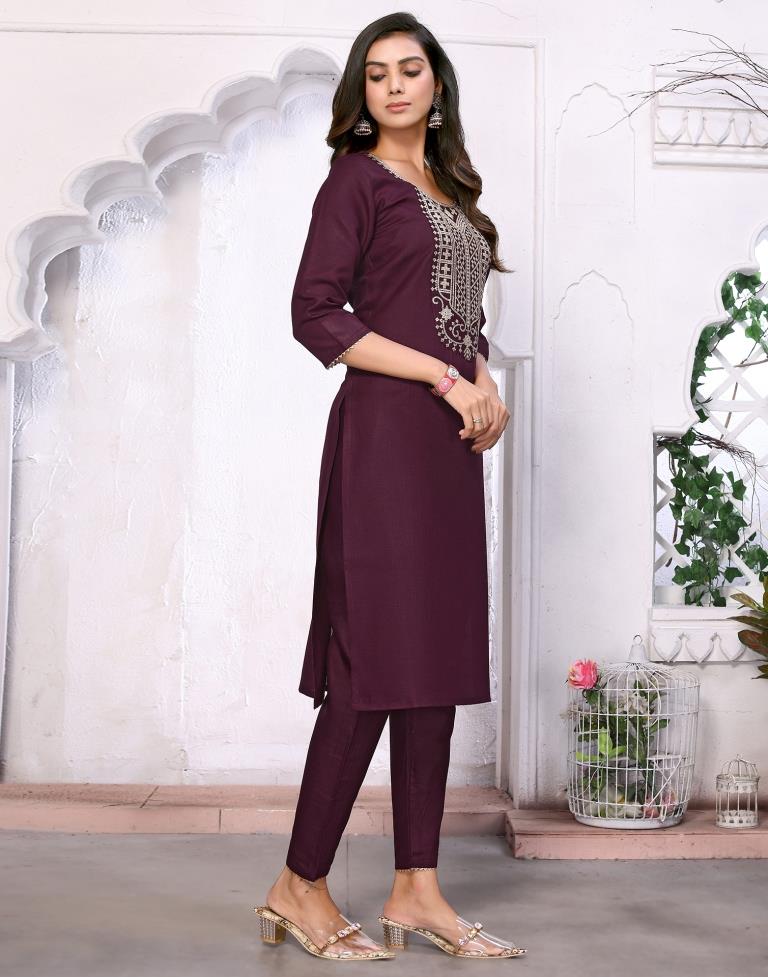 Wine Embroidered Kurta With Pant