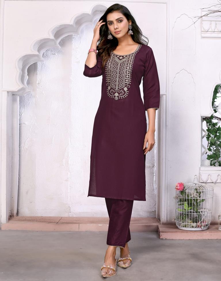 Wine Embroidered Kurta With Pant