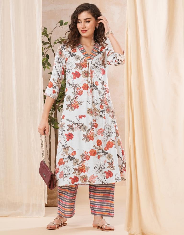 Off White Printed Cotton Straight Kurta Set