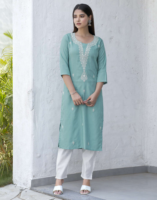 Turquoise Chikankari Embroidery Cotton Straight Kurta