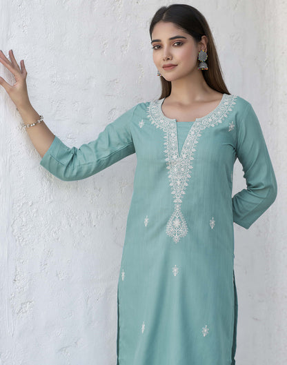 Turquoise Chikankari Embroidery Cotton Straight Kurta