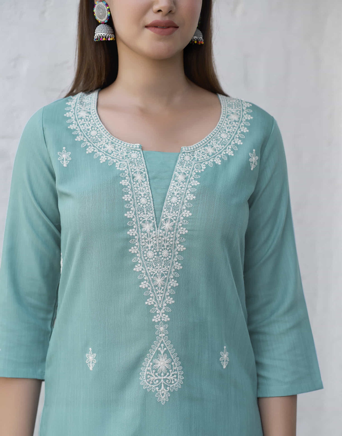 Turquoise Chikankari Embroidery Cotton Straight Kurta