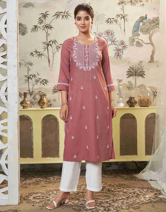 Dusty Pink Embroidery Chinnon Straight Kurta