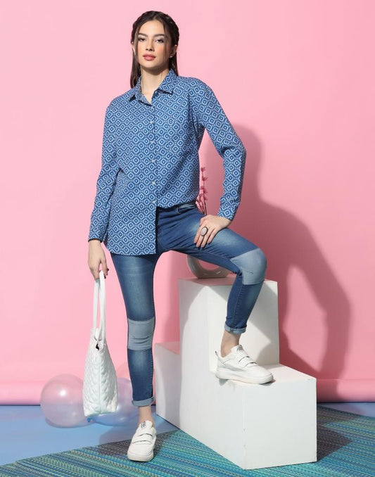 Blue Cotton Printed Shirt | Sudathi