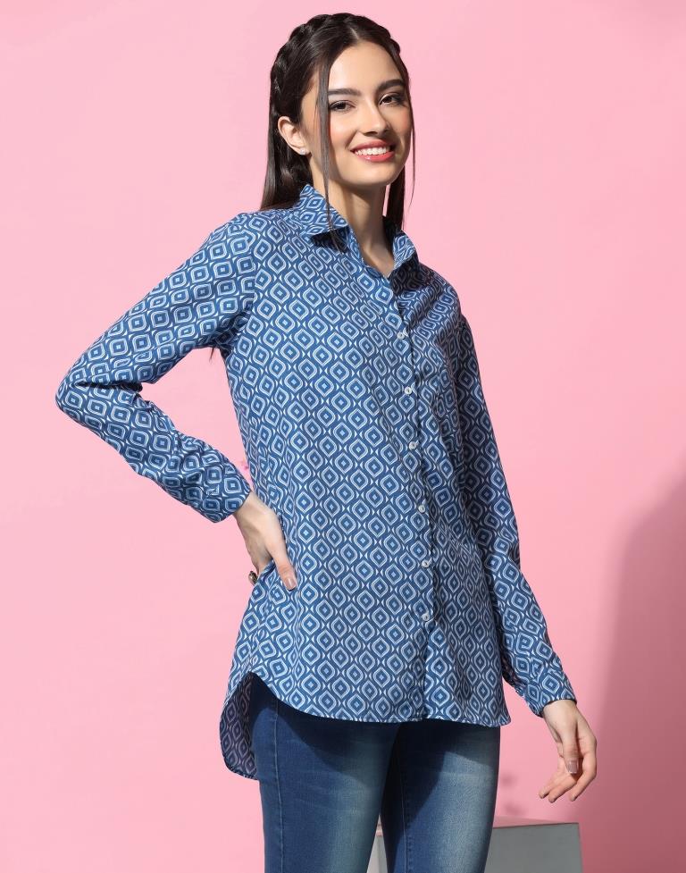 Blue Cotton Printed Shirt | Sudathi