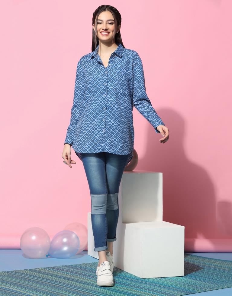 Blue Cotton Printed Shirt | Sudathi