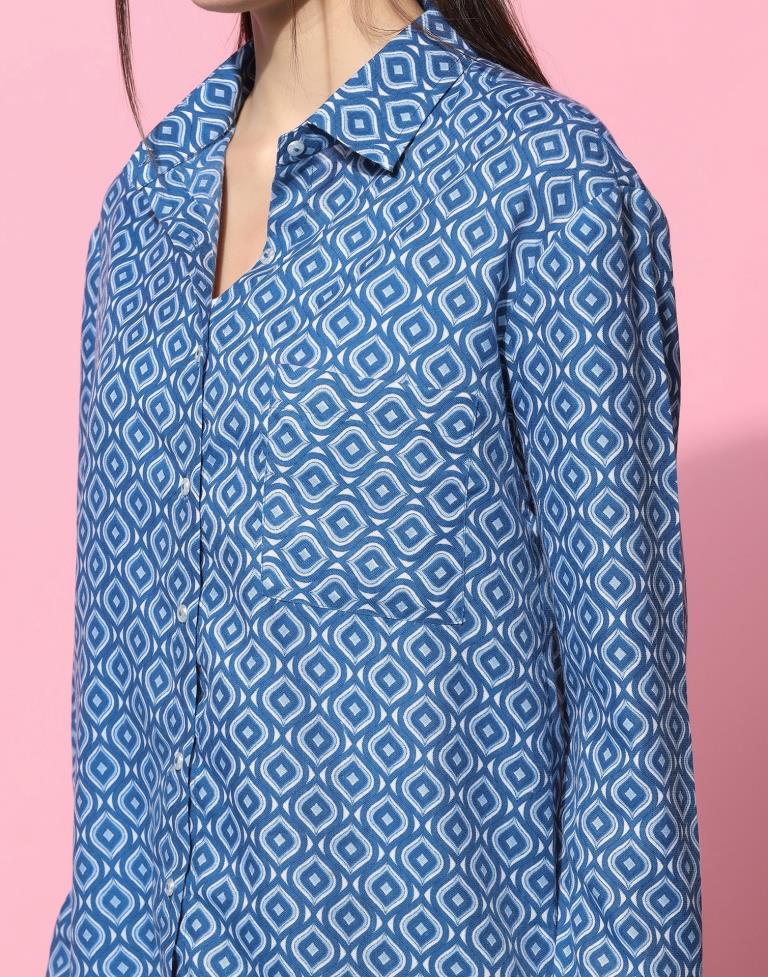 Blue Cotton Printed Shirt | Sudathi