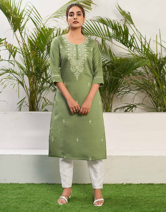 Pista Green Chikankari Embroidery Silk Straight Kurta