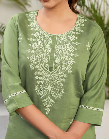 Pista Green Chikankari Embroidery Silk Straight Kurta