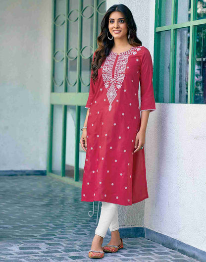 Dark Pink Embroidery Cotton Straight Kurta