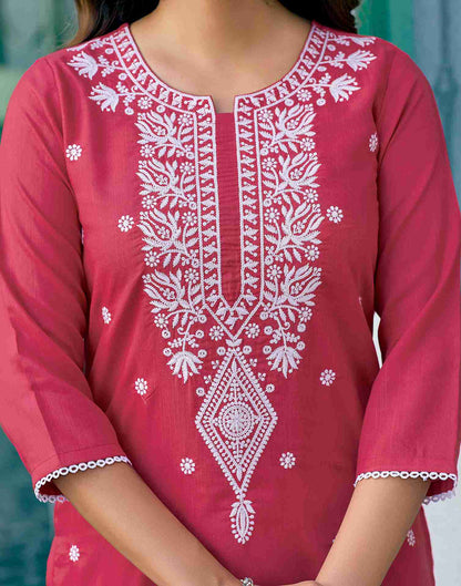 Dark Pink Embroidery Cotton Straight Kurta