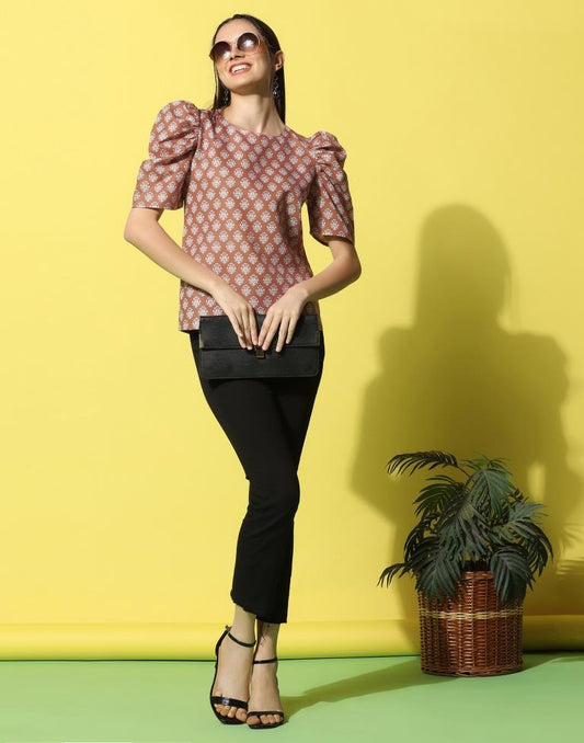 Rust Cotton Printed Top | Sudathi