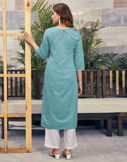 Turquoise Embroidery Rayon Straight Kurta