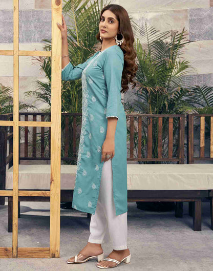 Turquoise Embroidery Rayon Straight Kurta