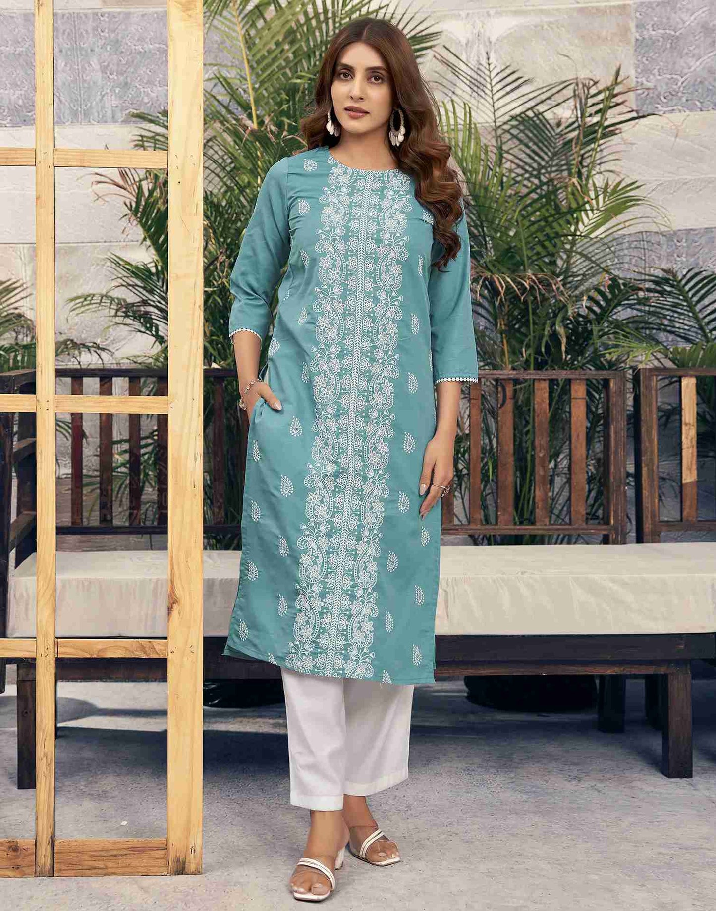 Turquoise Embroidery Rayon Straight Kurta