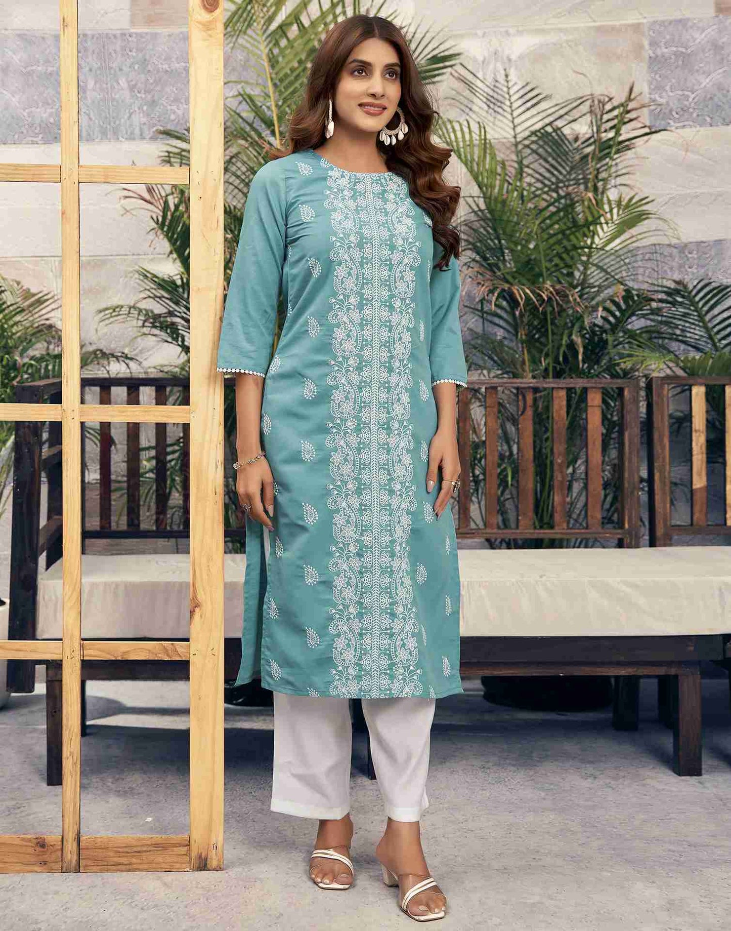 Turquoise Embroidery Rayon Straight Kurta