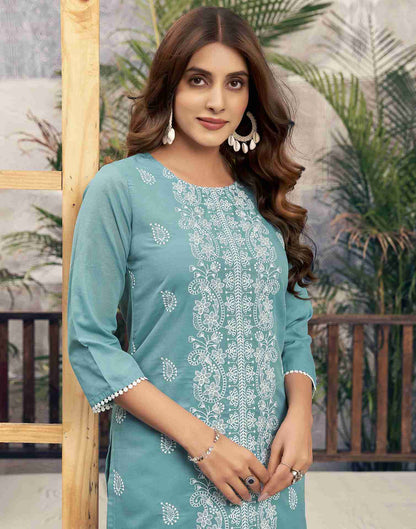 Turquoise Embroidery Rayon Straight Kurta