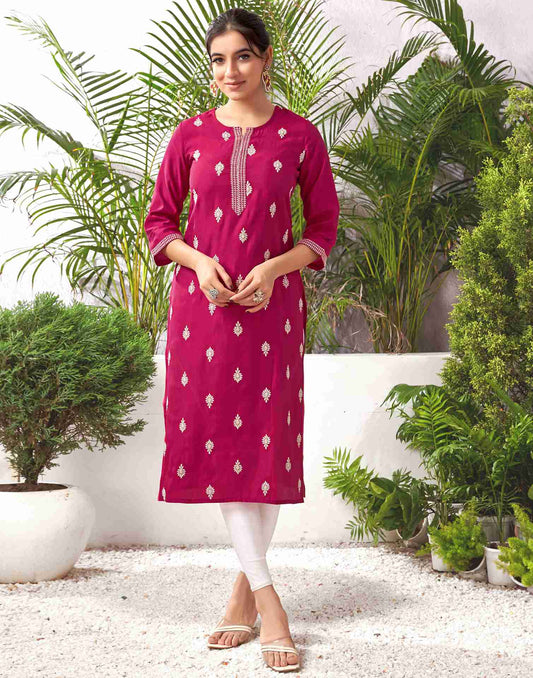 Dark Pink Silk Embroidery Straight Kurta