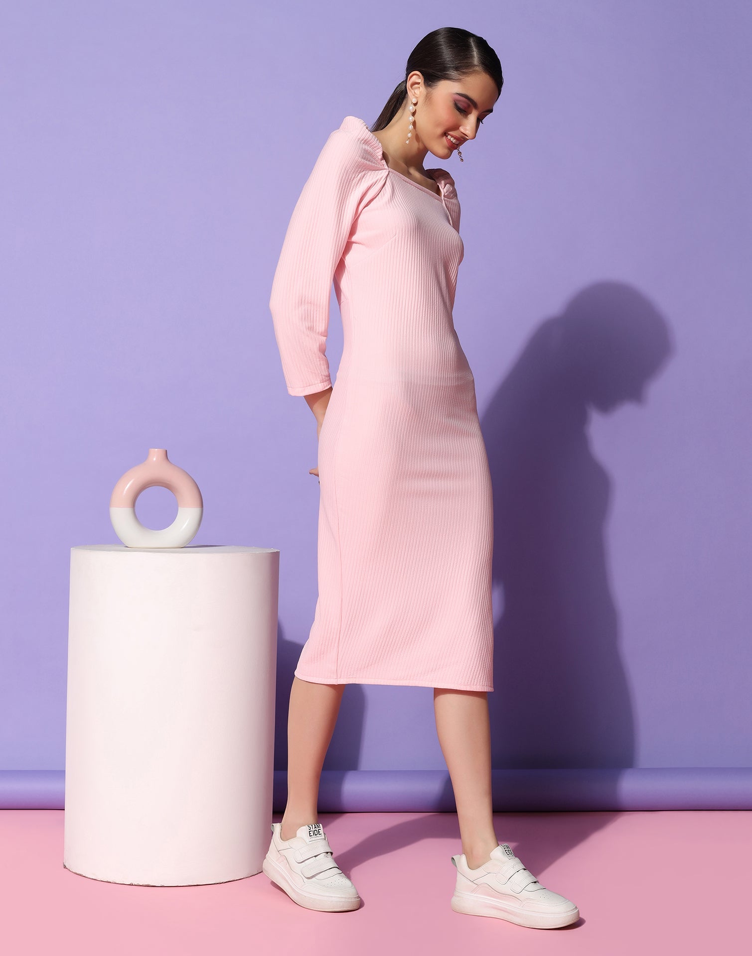 Light Pink Lycra Knee length Bodycon | Leemboodi