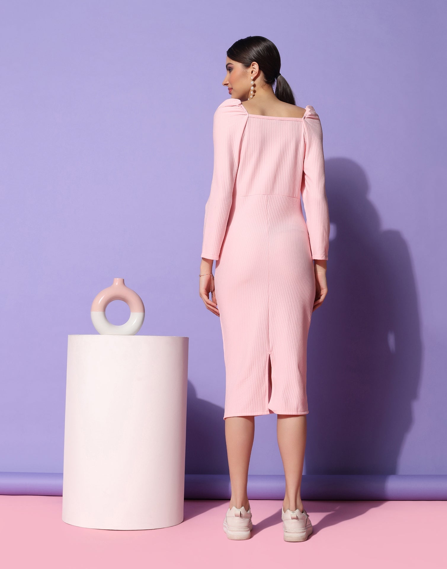 Light Pink Lycra Knee length Bodycon | Leemboodi