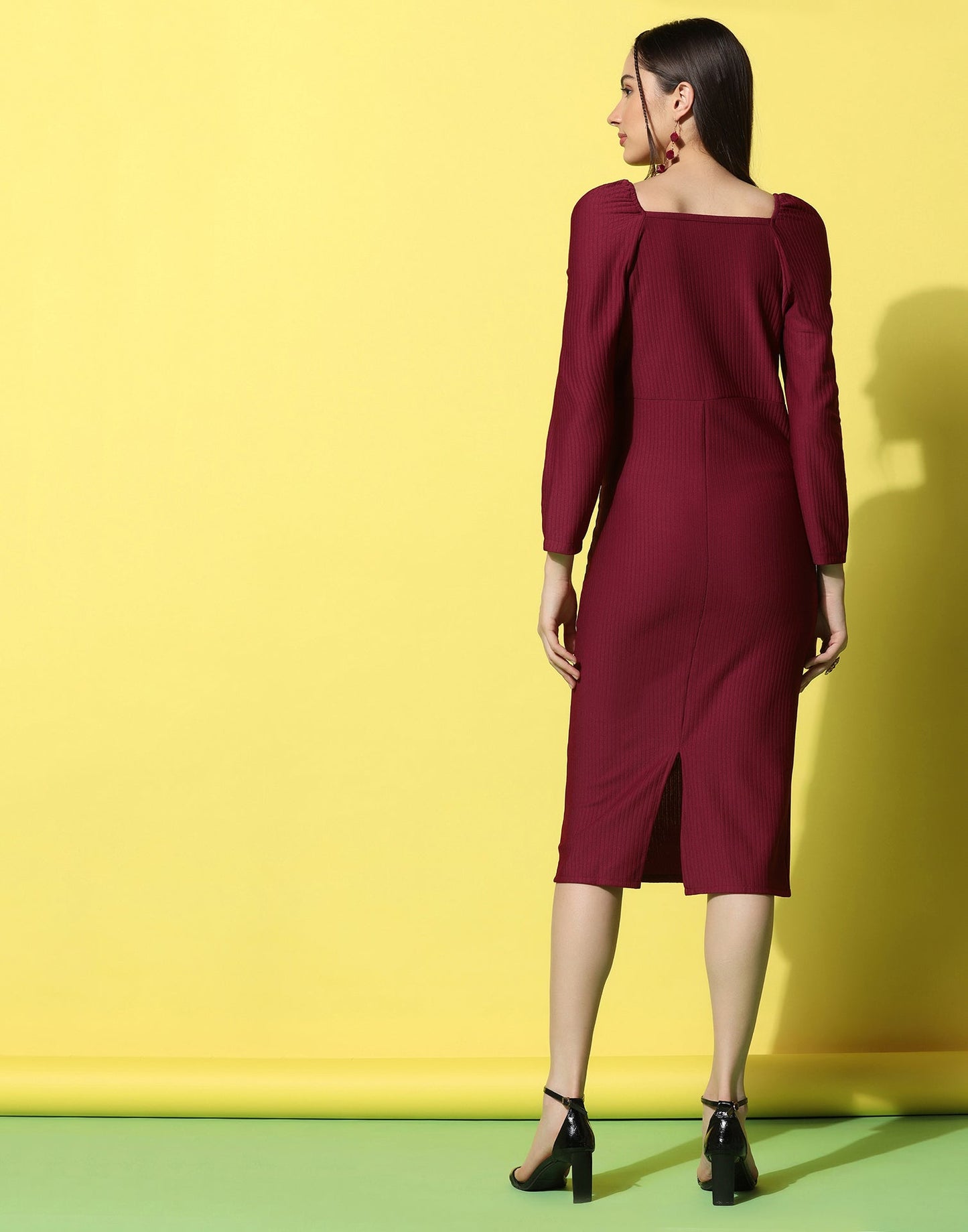 Maroon Lycra Knee length Bodycon | Leemboodi