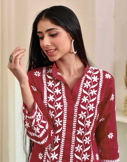 Red Chikankari Embroidery Rayon Straight Kurta