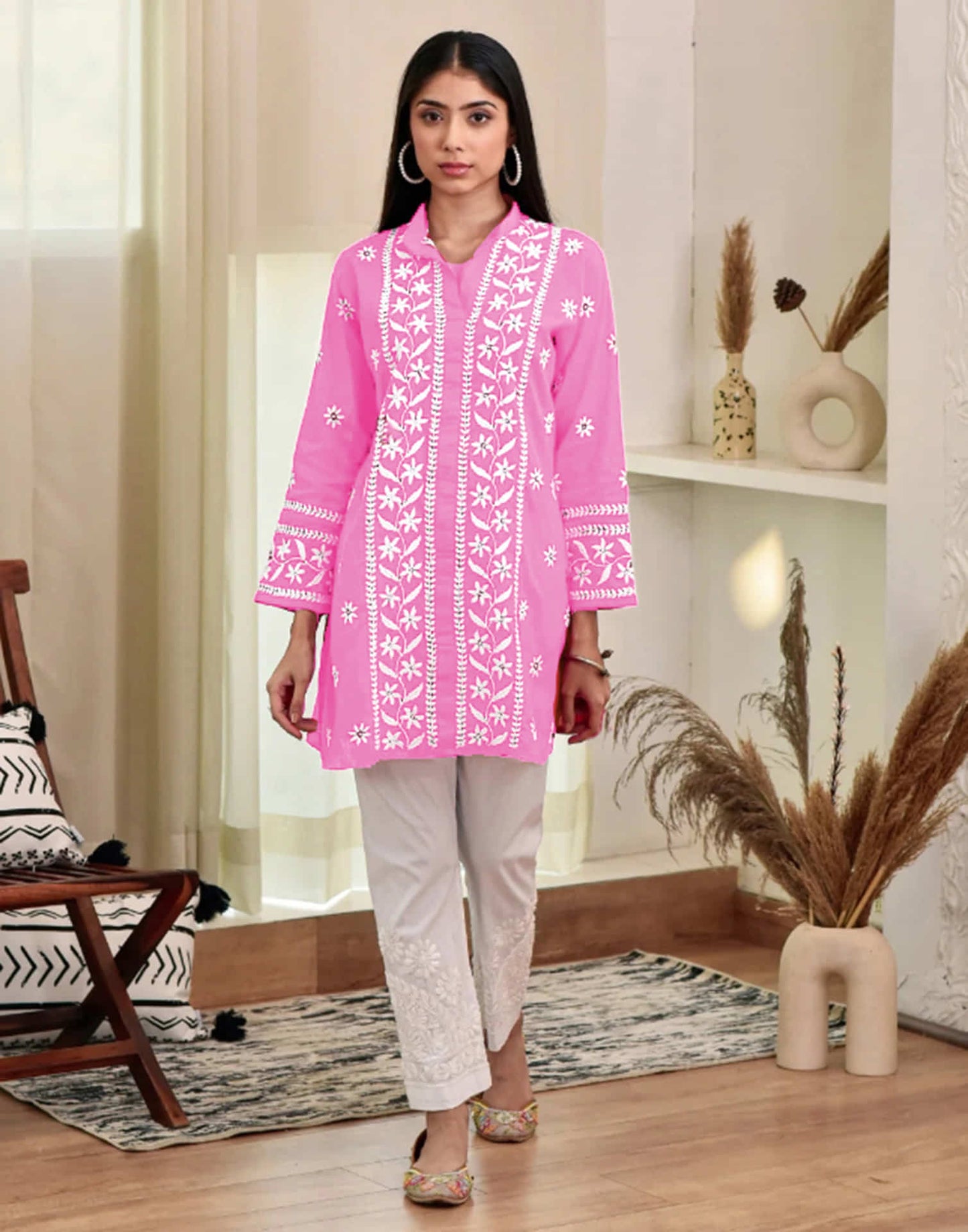 Light Pink Chikankari Embroidery Rayon Straight Kurta