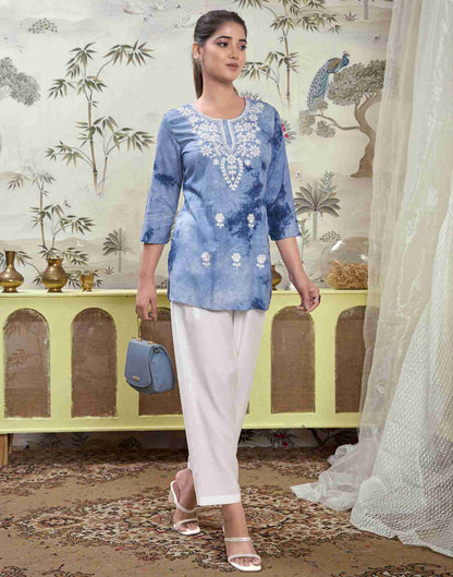 Light Blue Embroidery Rayon Straight Kurta