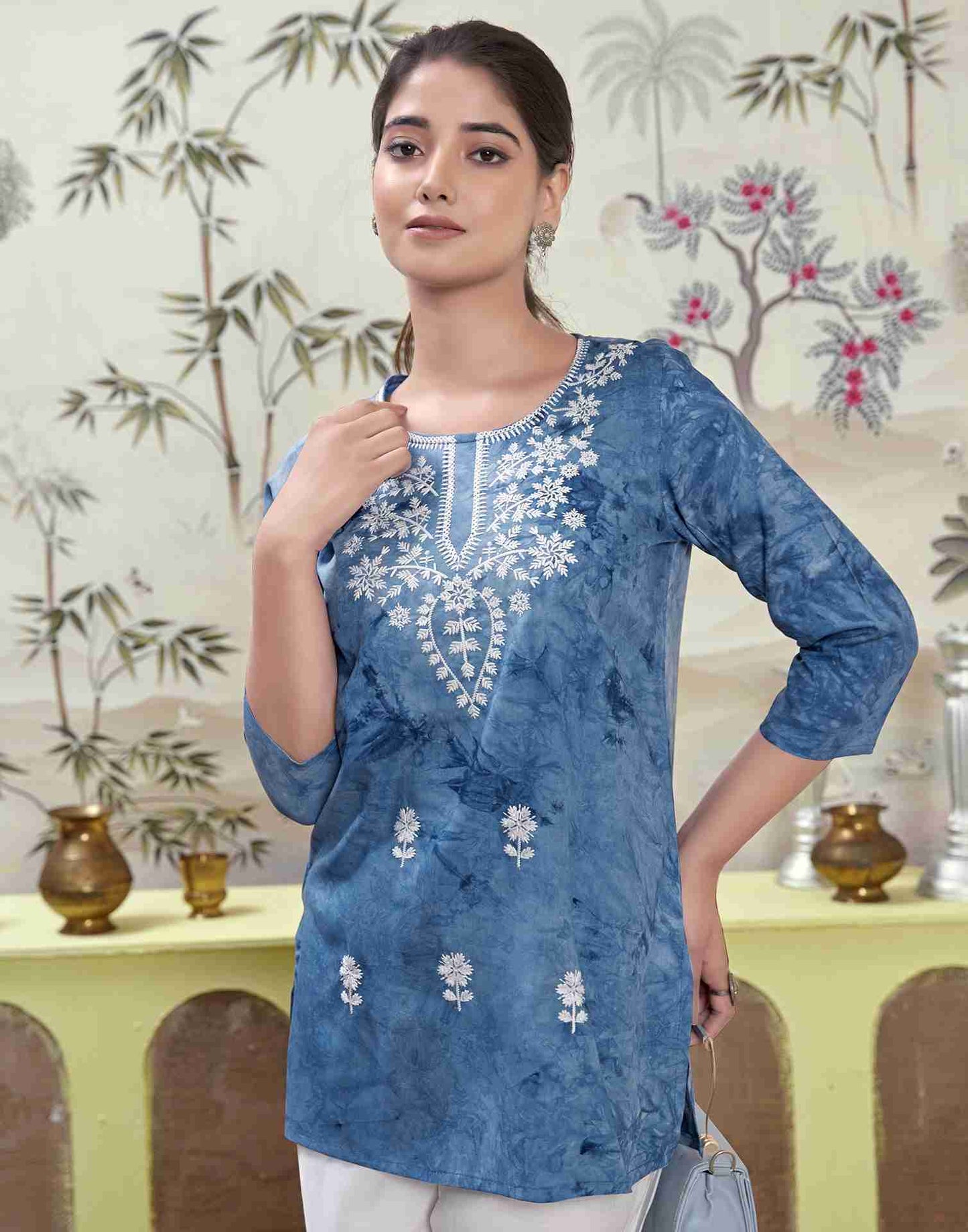 Dark Blue Embroidery Rayon Straight Kurta