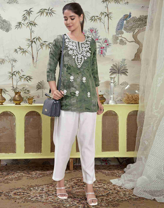 Army Green Embroidery Rayon Straight Kurta