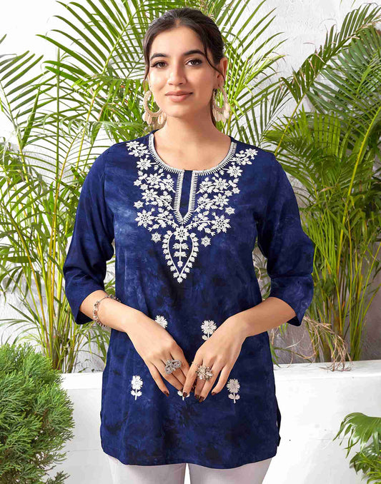 Navy Blue Rayon Embroidery Straight Kurta