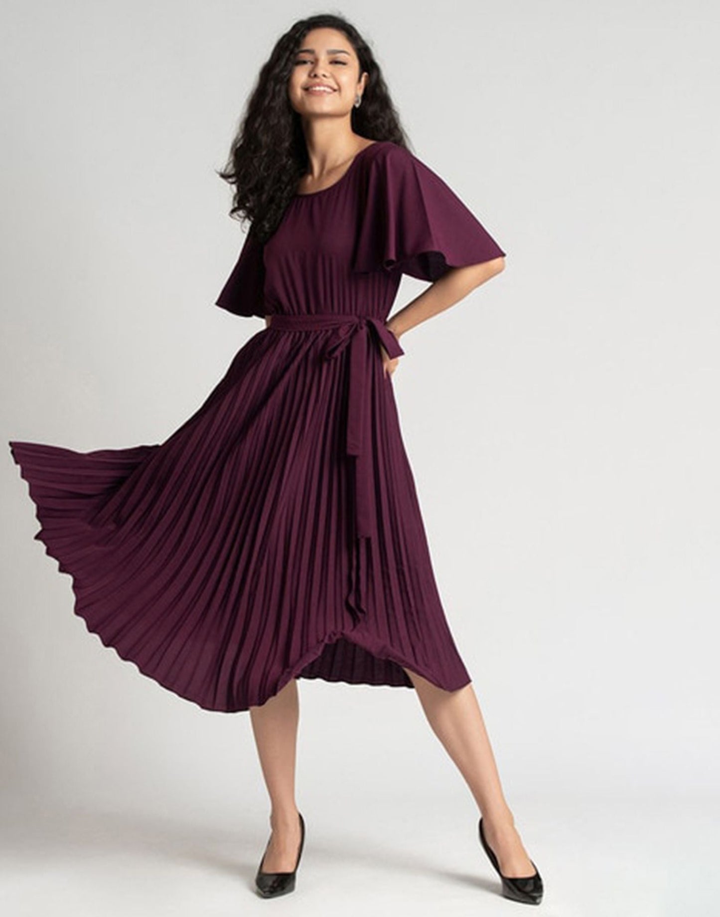 Wine Pleated Asymmetric Dress | Sudathi