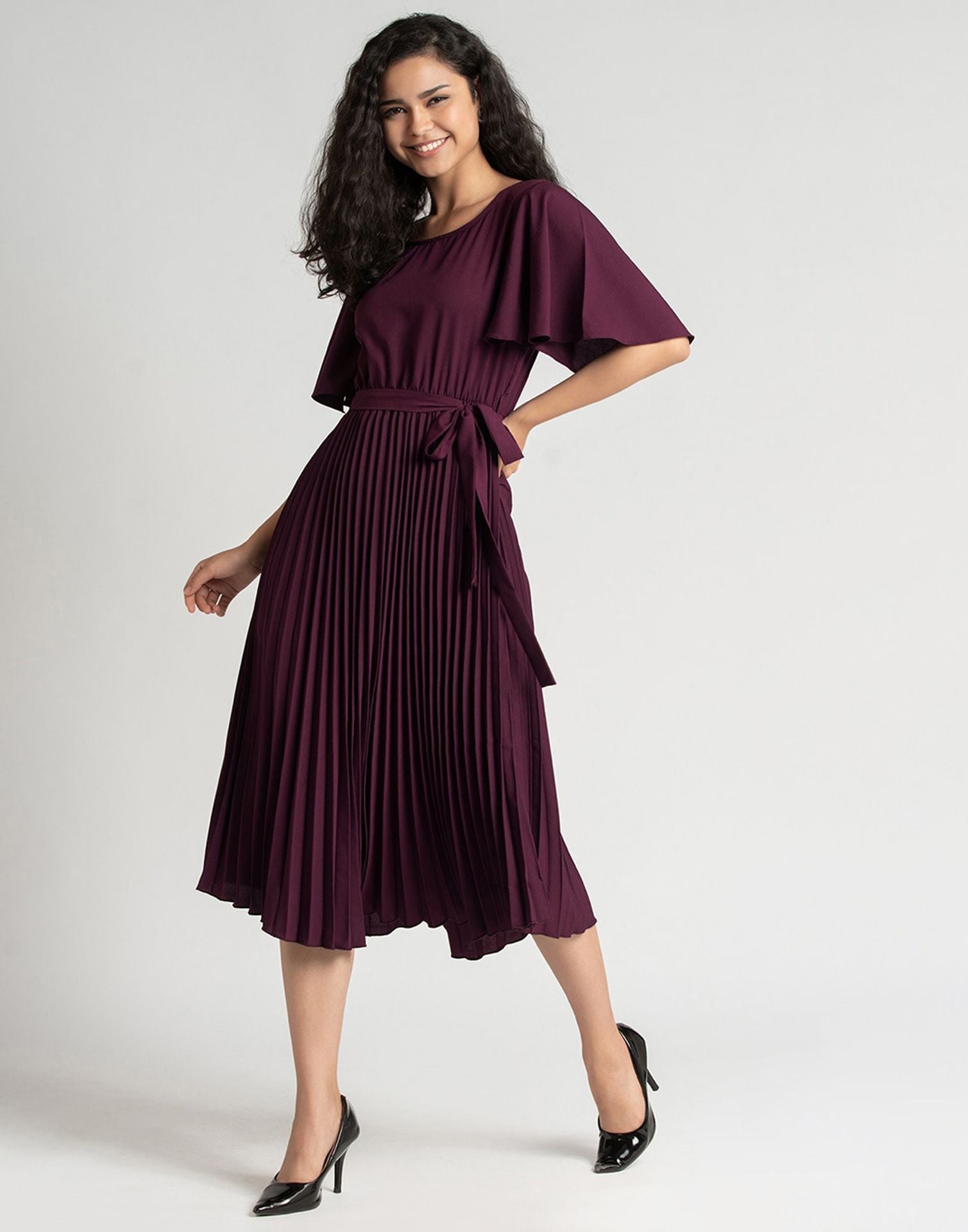 Wine Pleated Asymmetric Dress | Sudathi