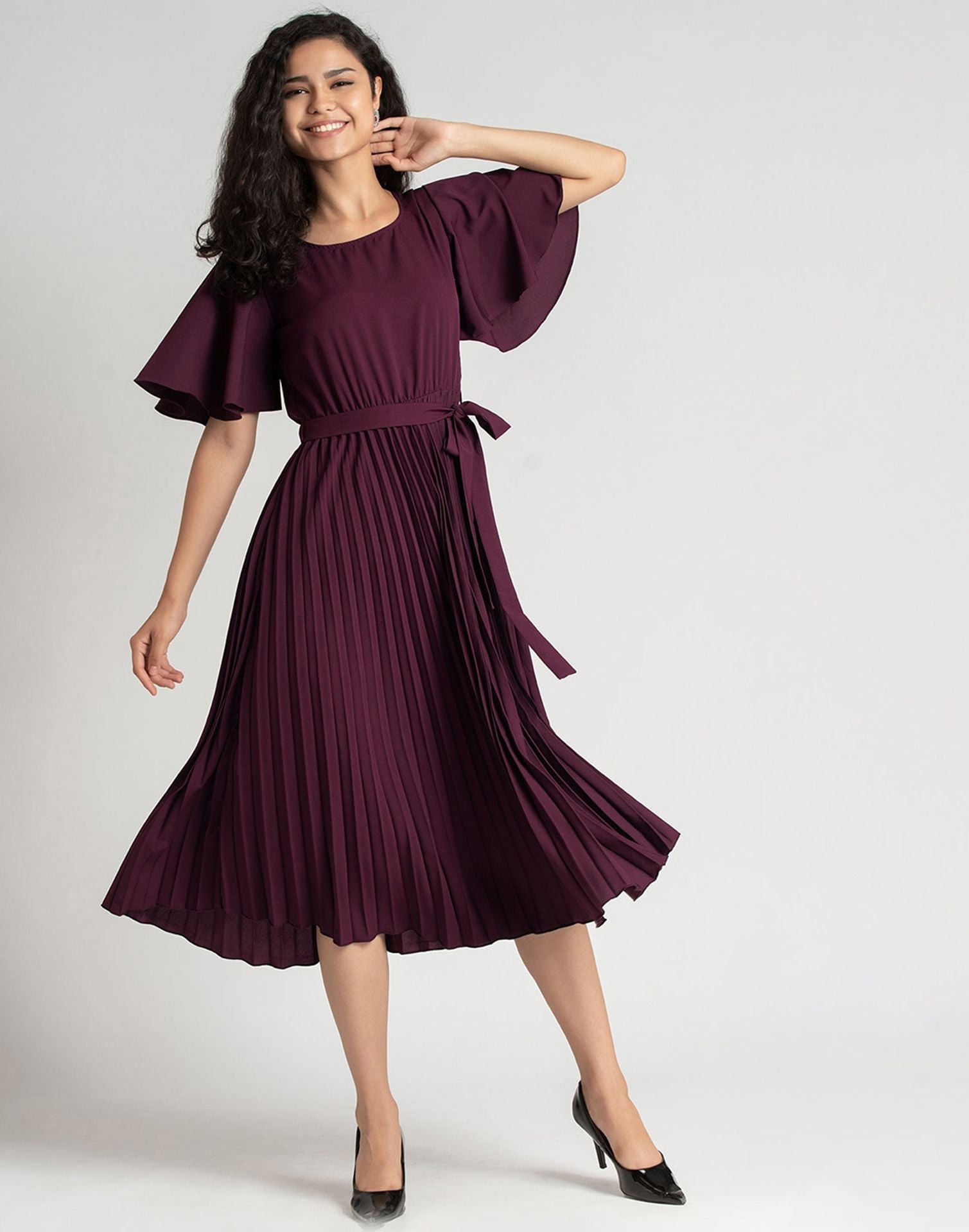 Wine Pleated Asymmetric Dress | Sudathi