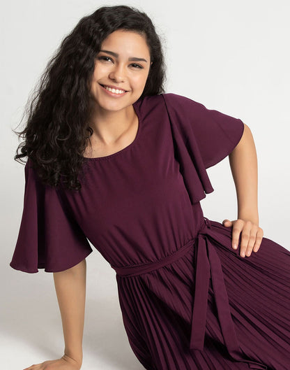 Wine Pleated Asymmetric Dress | Sudathi