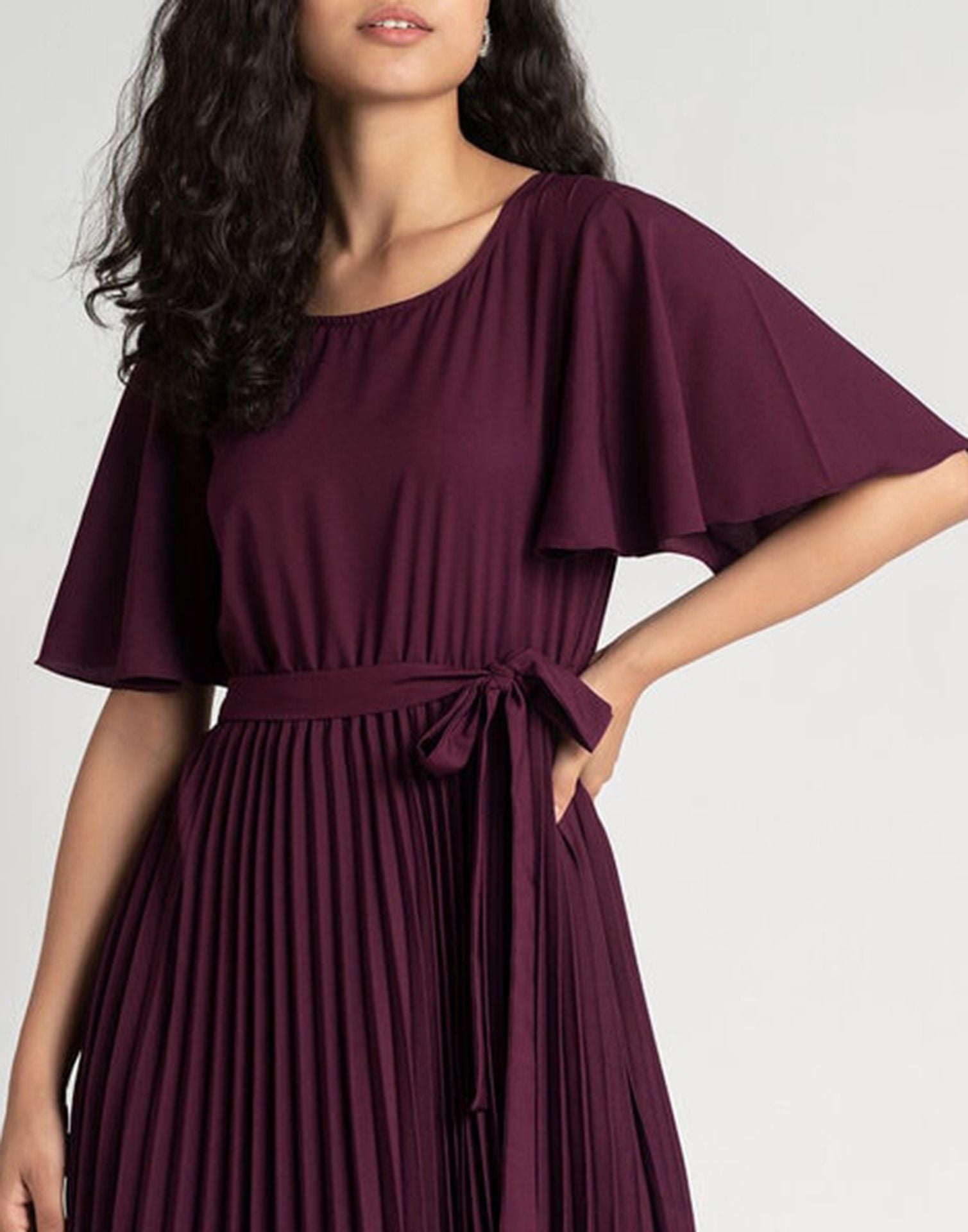 Wine Pleated Asymmetric Dress | Sudathi