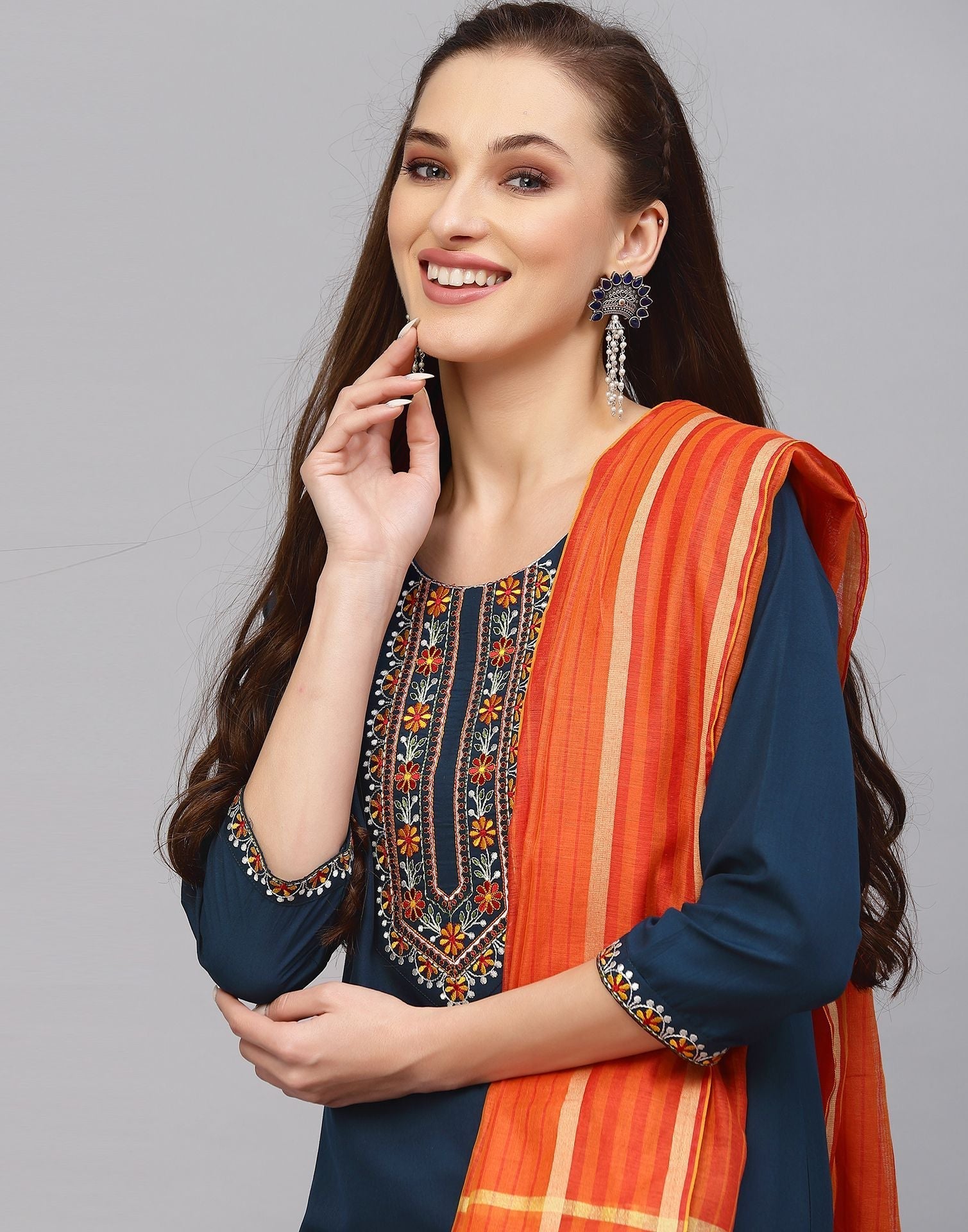 Blue Embroidery Kurti With Pant And Dupatta | Leemboodi