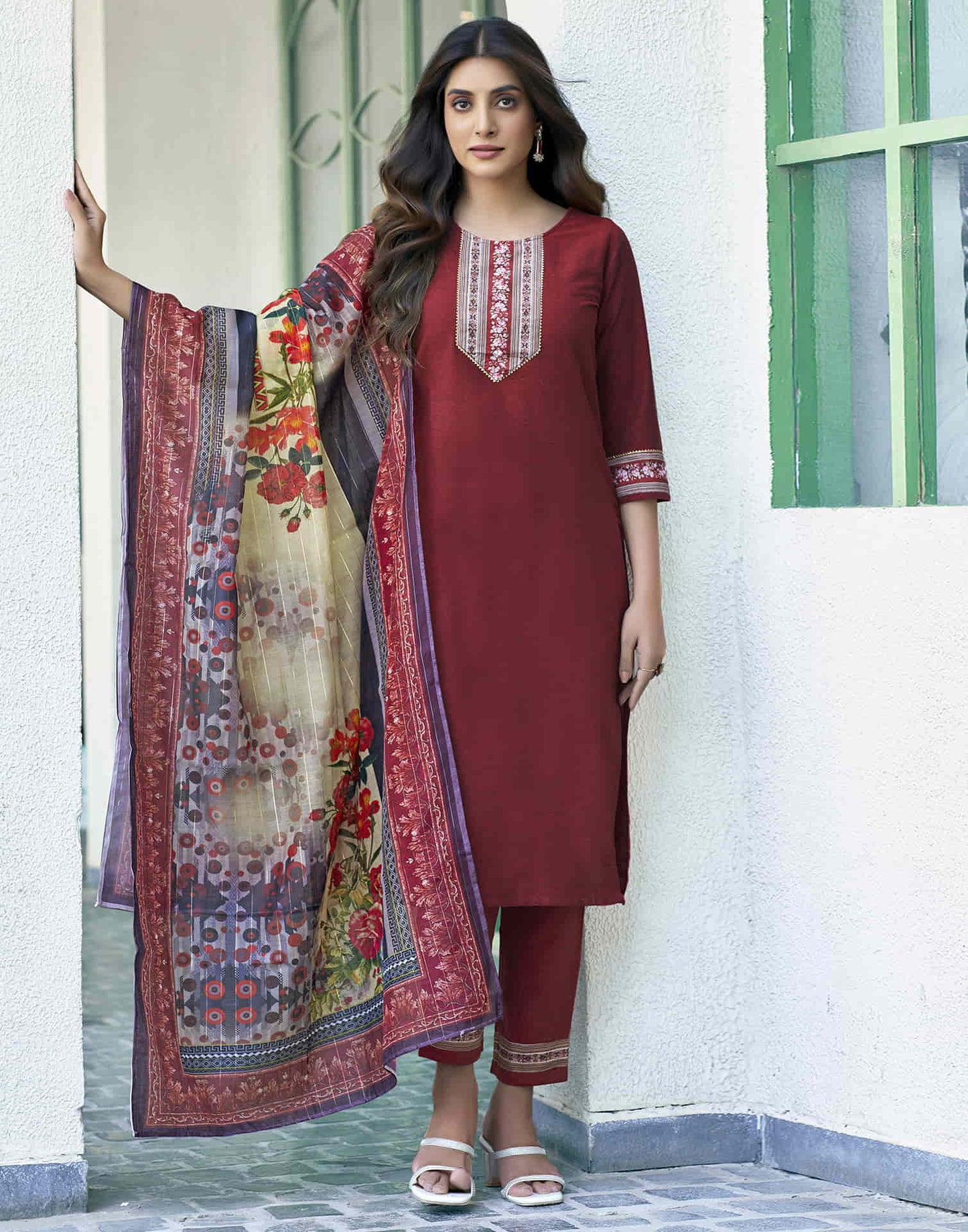 Maroon Printed Cotton Straight Kurta With Pant And Dupatta