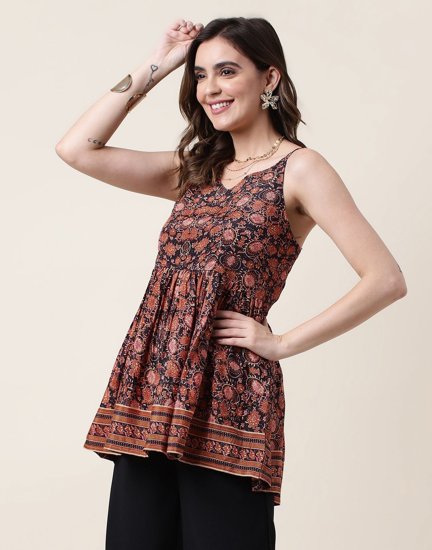 Brown Geathered Printed Top | Sudathi