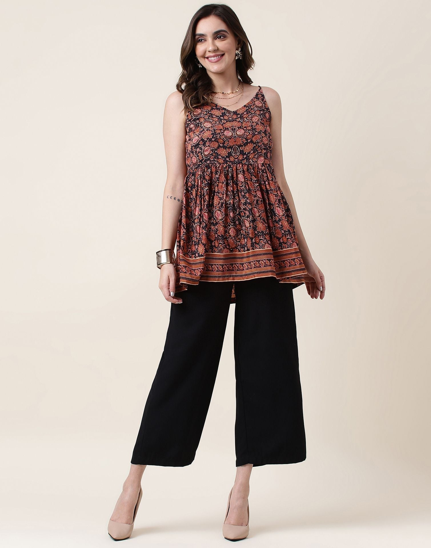 Brown Geathered Printed Top | Sudathi