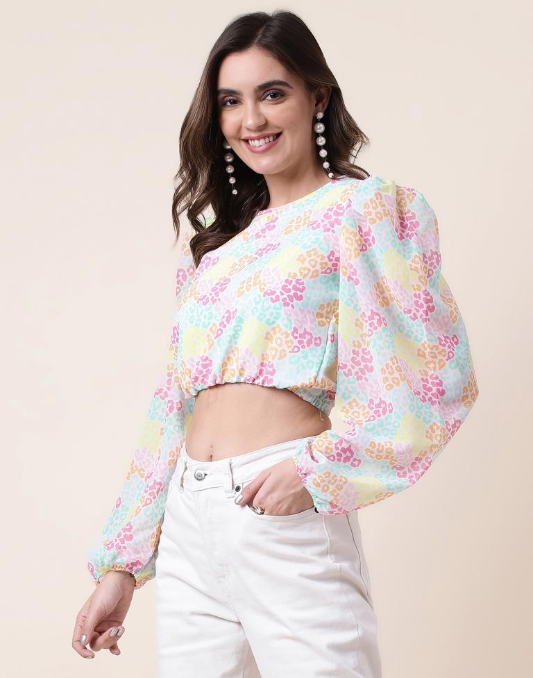 Multicoloured Printed Long Sleeve Crop Top | Sudathi