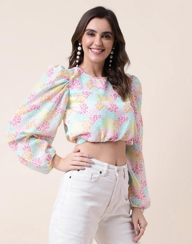 Multicoloured Printed Long Sleeve Crop Top | Sudathi