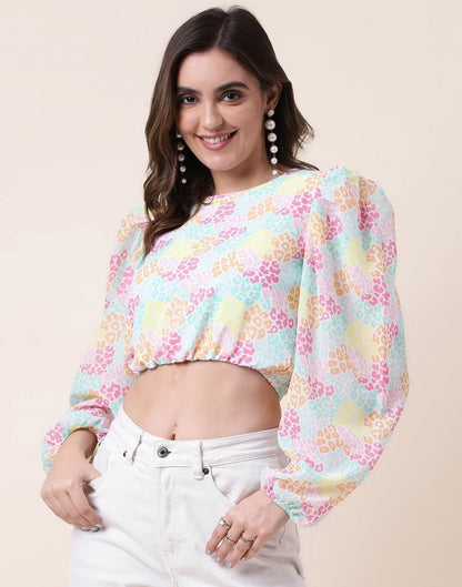 Multicoloured Printed Long Sleeve Crop Top | Sudathi