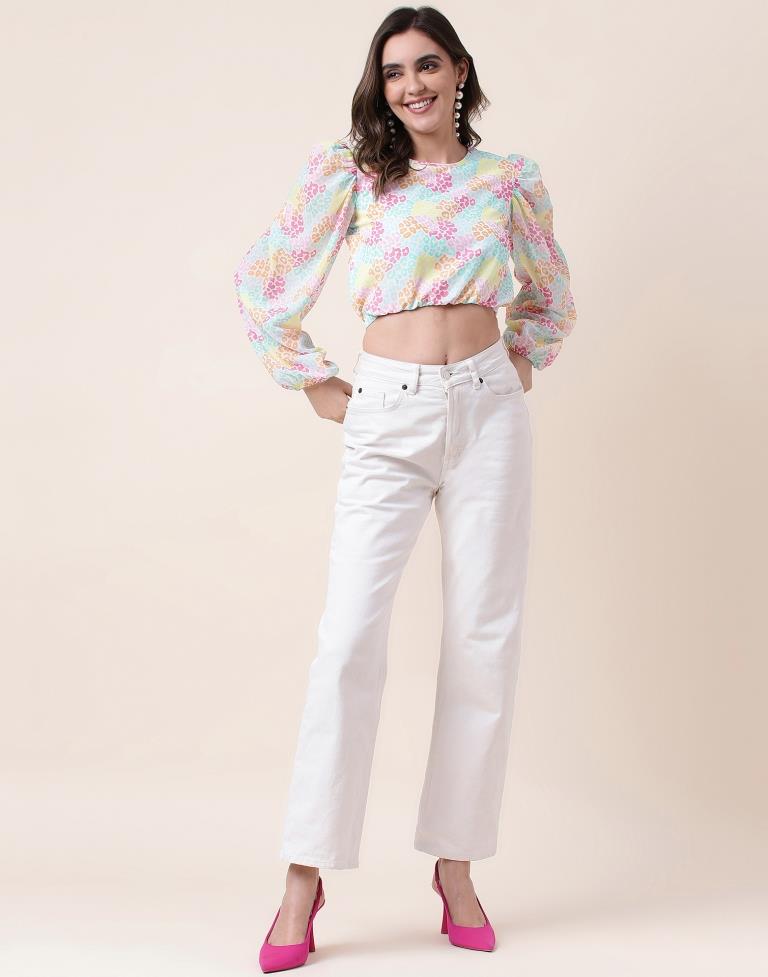 Multicoloured Printed Long Sleeve Crop Top | Sudathi