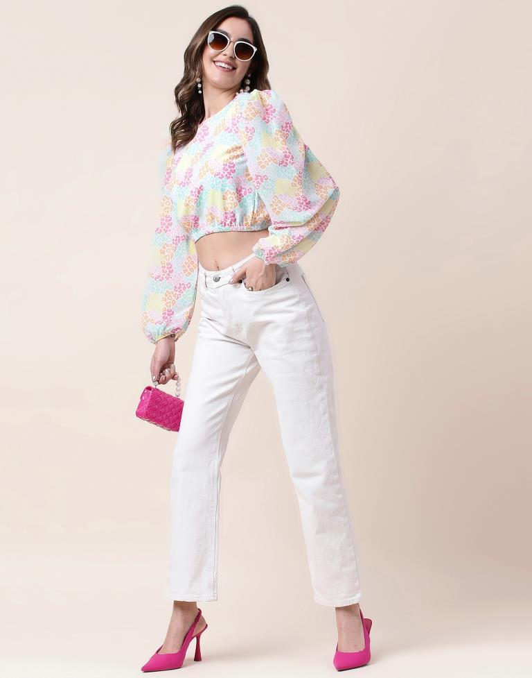 Multicoloured Printed Long Sleeve Crop Top | Sudathi