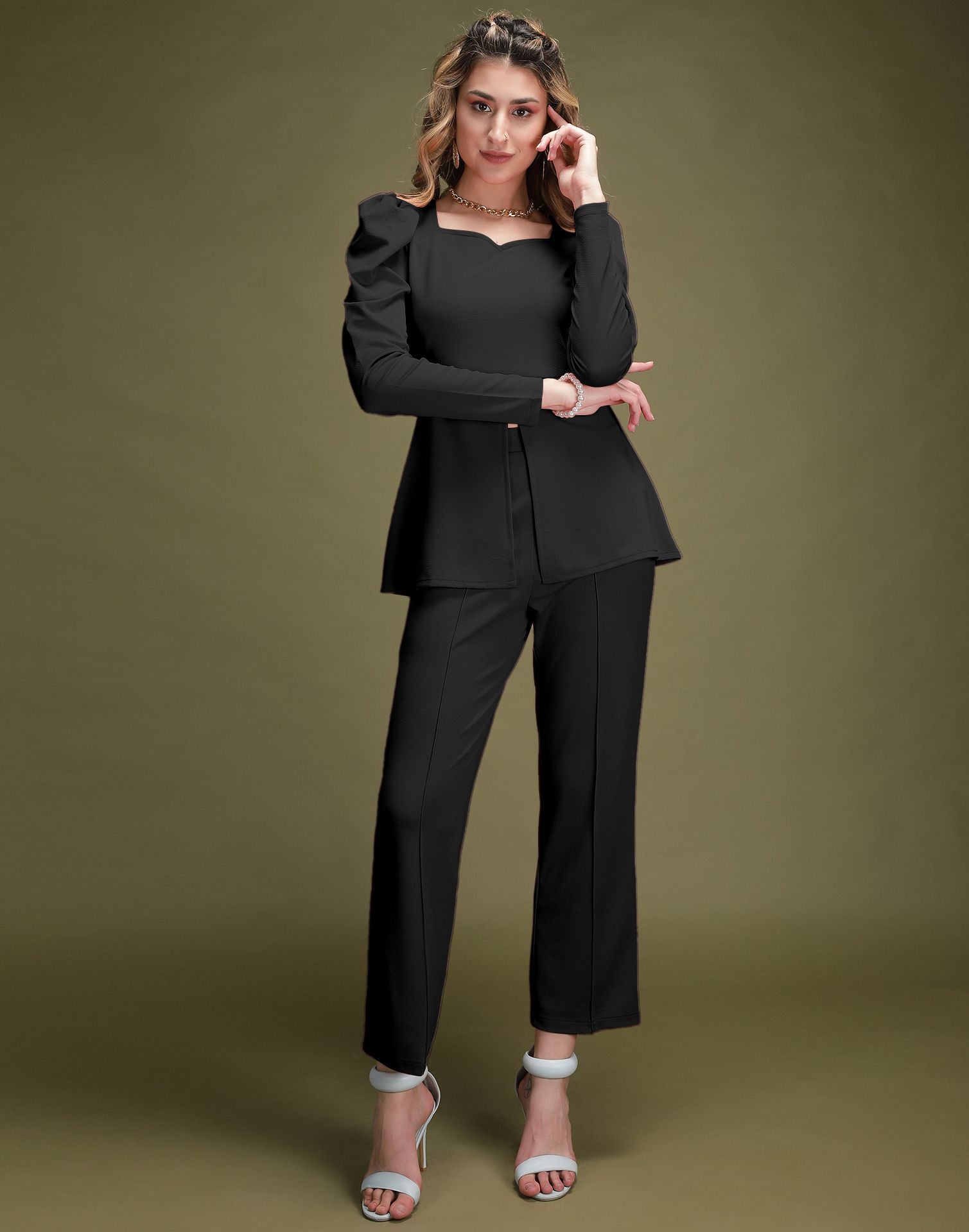 Black Puff Sleeve Solid Co-Ords Set | Sudathi